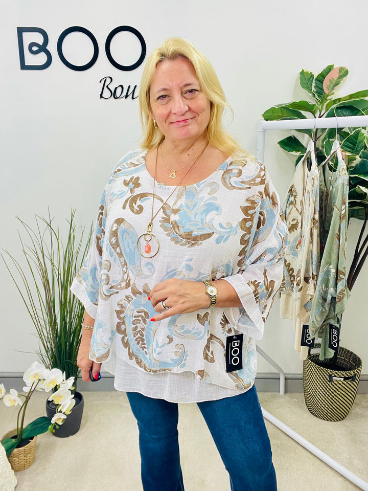 LADIES PAISLEY PRINT LINEN LOOSE FIT TOP - WHITE, BEIGE & KHAKI