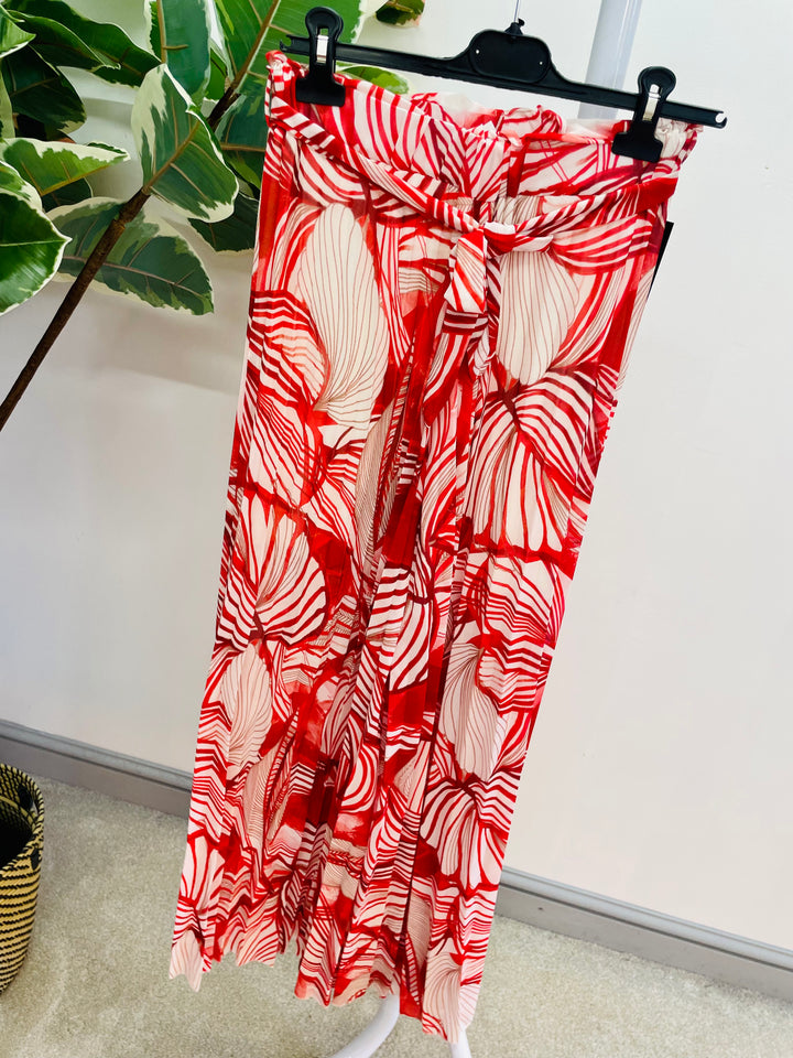 LADIES WOMENS PLEATED CHIFFON WIDE LEG TROUSER - RED, KHAKI, PINK