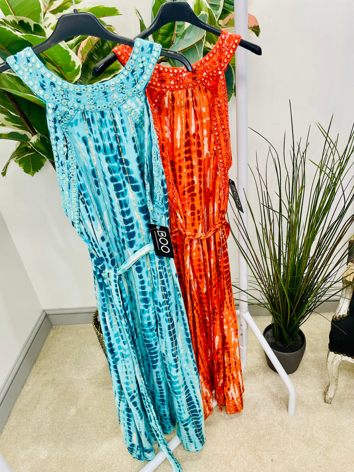 LADIES SUMMER PARTY EVENT MIDI DRESS - BLUE & ORANGE