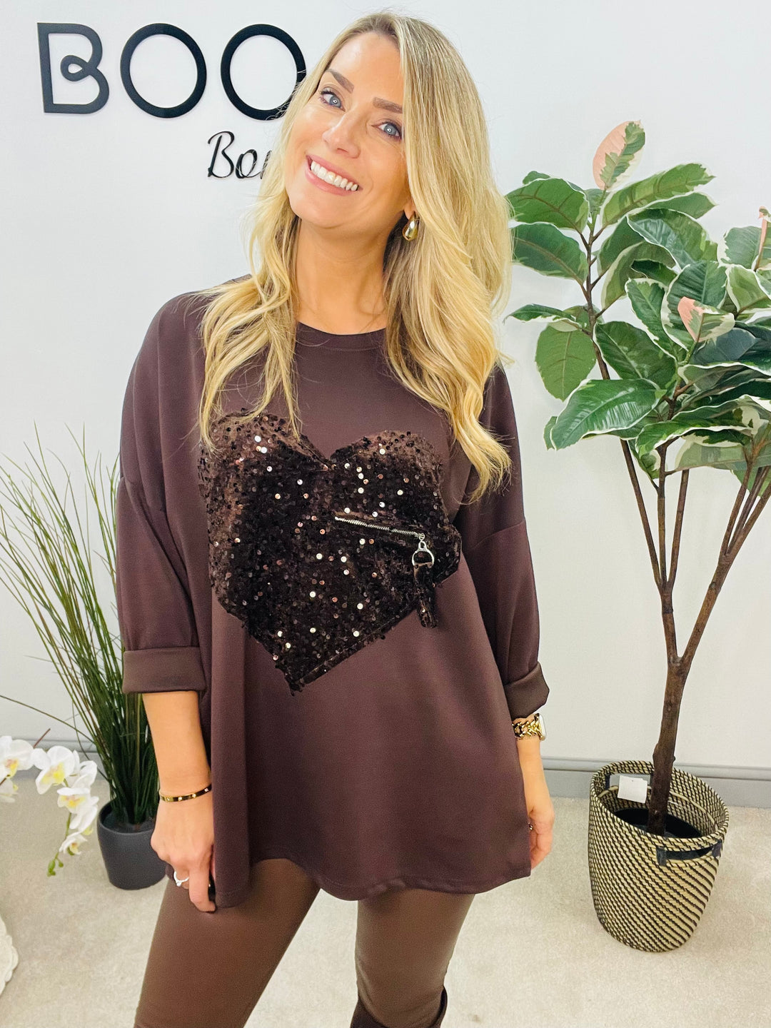 LADIES SCUBA SEQUIN HEART SWEATSHIRT TOP - BURGUNDY, BLACK, BROWN, BEIGE