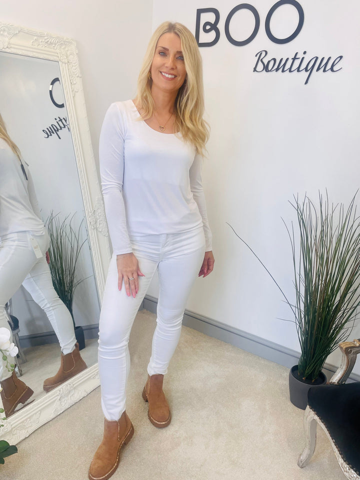 LADIES LONG SLEEVE BASIC TOP - WHITE, BLACK, NAVY, KHAKI, BROWN, GREY, BEIGE