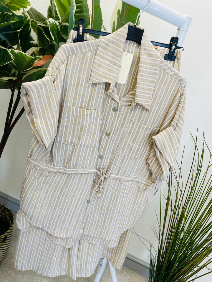 LADIES PINSTRIPE LINEN TROUSER CO ORD SET - BLUE, GREY, KHAKI & BEIGE