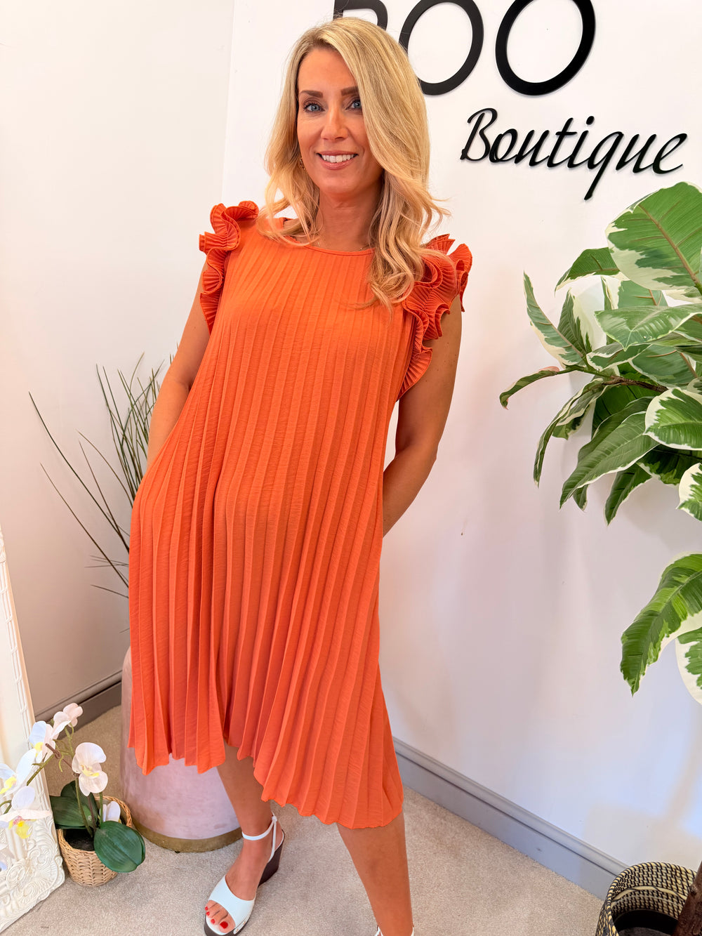 Ladies Pleated Summer Midi Dress - Black, Brown, Orange, Blue & Pink