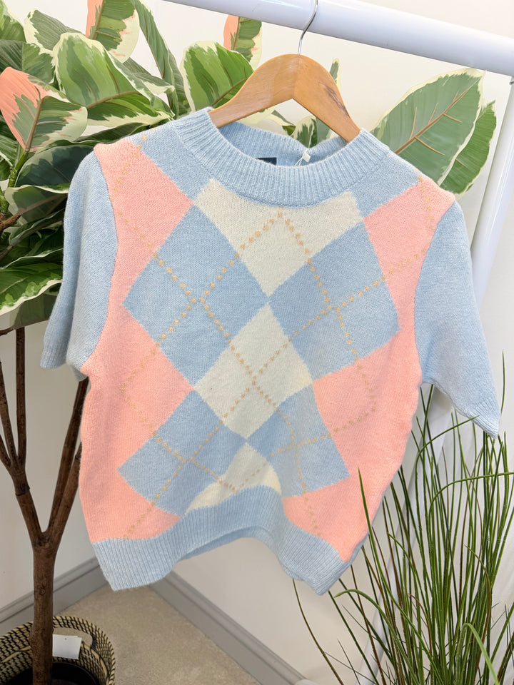 LADIES ARGYLE KNIT SHORT SLEEVE JUMPER - CREAM, BLUE, PINK