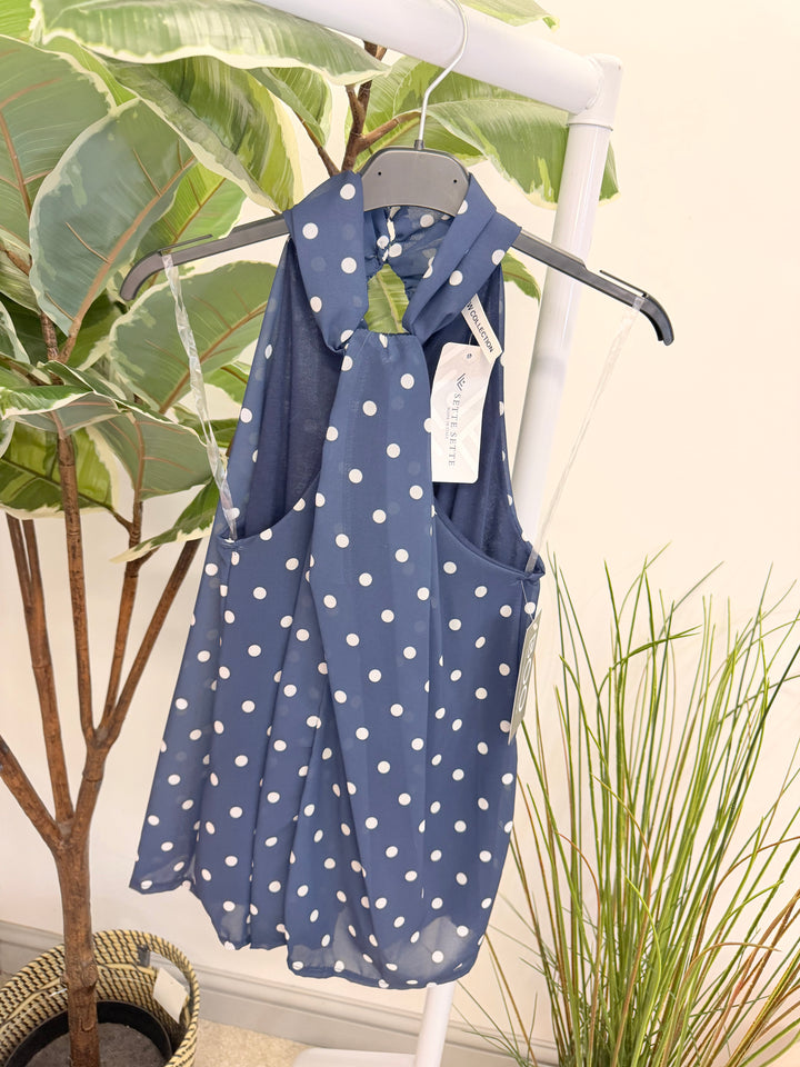 Ladies Fashion Polka Dot High Neck Top navy