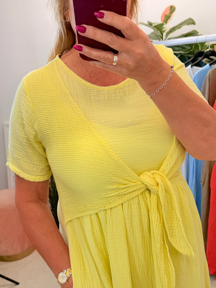 Ladies Cheesecloth Summer Midi Dress - Lemon, Khaki, Coral, White, Lemon, Blue