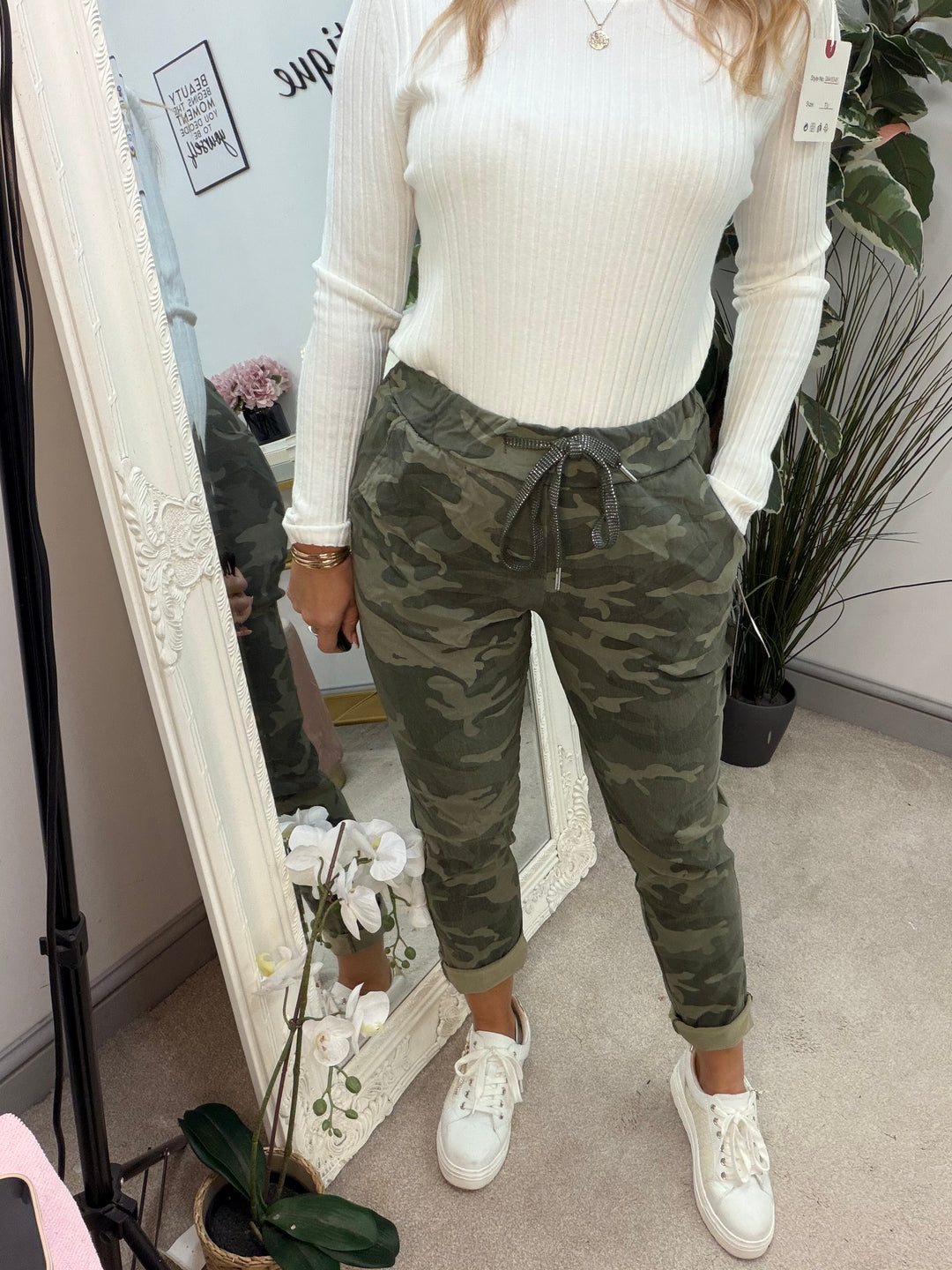 Ladies Fashion Camouflage Stretch Magic Trousers - Brown, Khaki & Grey 