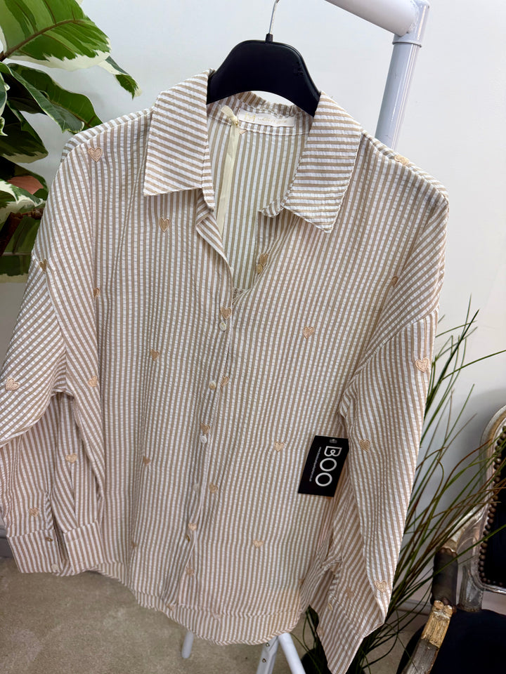 Ladies Fashion Pinstripe Shirt - Navy, Blue & Beige
