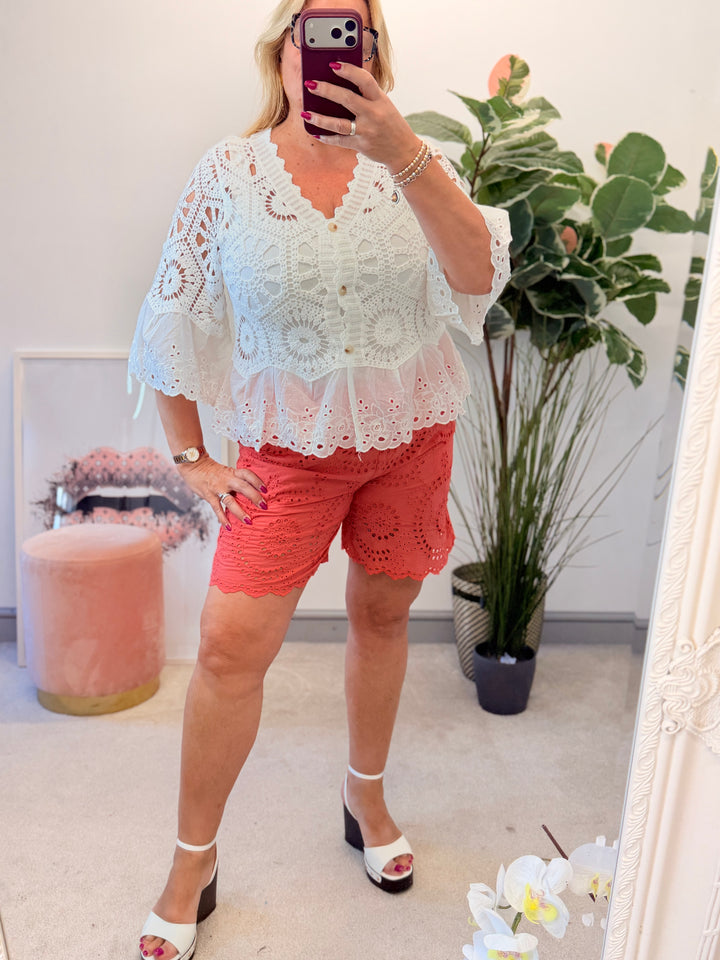 Ladies Broderie Anglaise Cotton Shorts - Brown, White, Coral, Khaki, Black & Beige