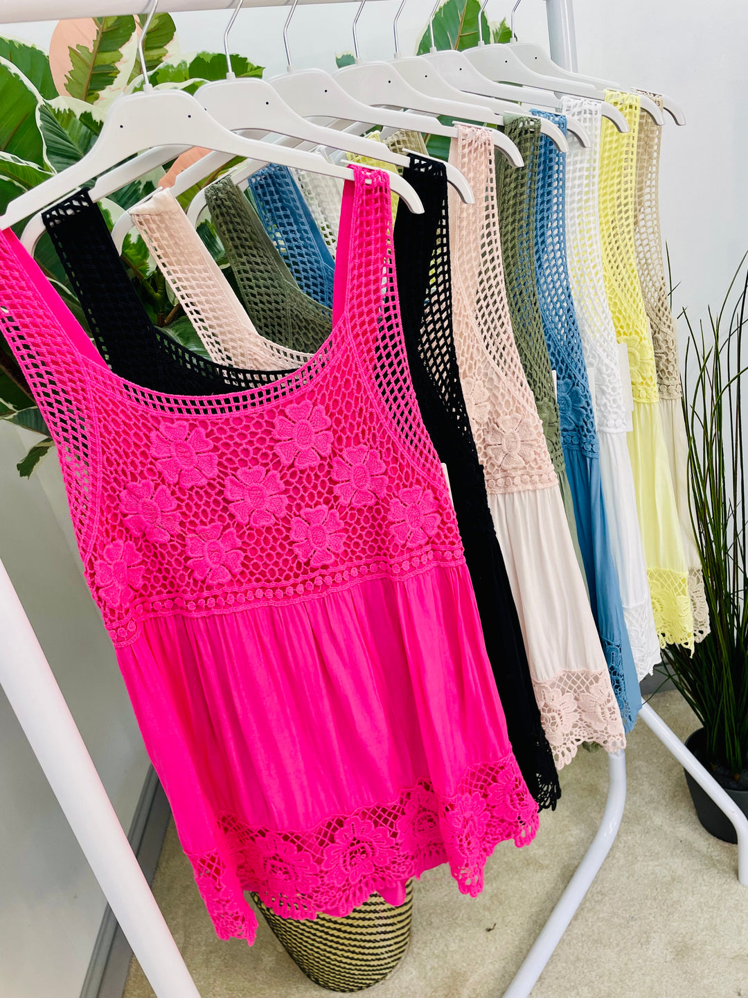 LADIES CROCHET & LACE SUMMER CAMI TOP - WHITE, LEMON, BLUE, PINK, KHAKI, BLACK