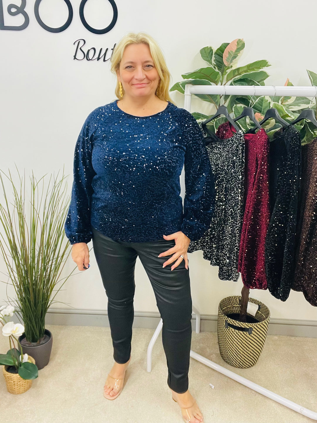 LADIES SEQUIN BOW BACK PARTY TOP - BROWN, BLACK, NAVY, BERRY & SILVER