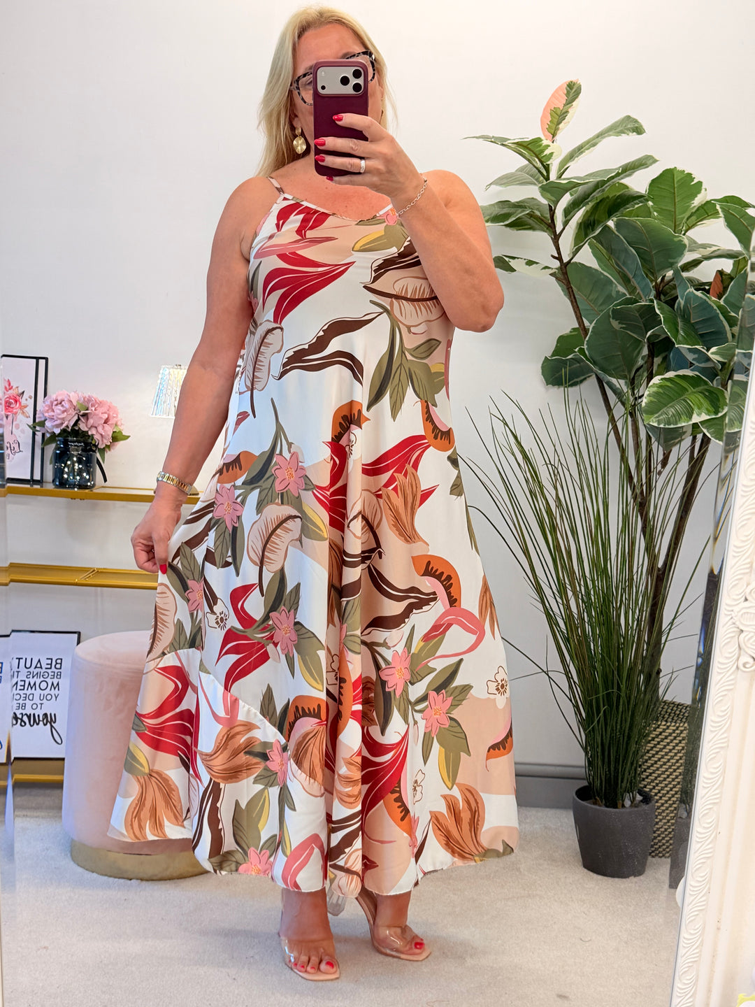 Ladies Cream Red Leaf Print Satin Summer Maxi Strappy Dress