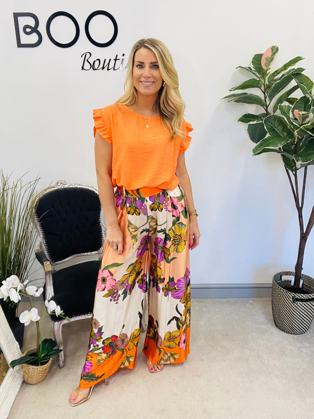LADIES WOMENS FLOWER PRINT SATIN PALAZZO TROUSERS - BLACK, BLUE & ORANGE