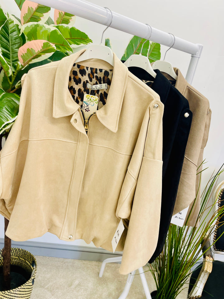 LADIES FAUX SUEDE BOMBER JACKET - BLACK, BEIGE & TAUPE