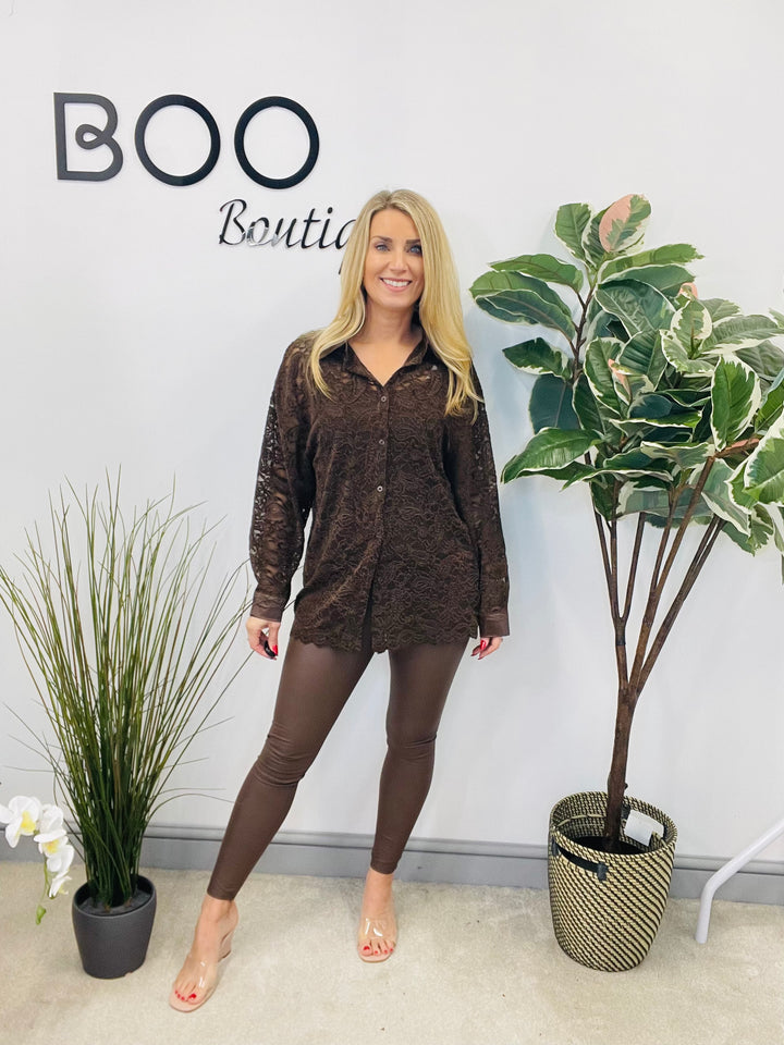 LADIES SHEER LACE BLOUSE SHIRT - BROWN, BLACK & BERRY