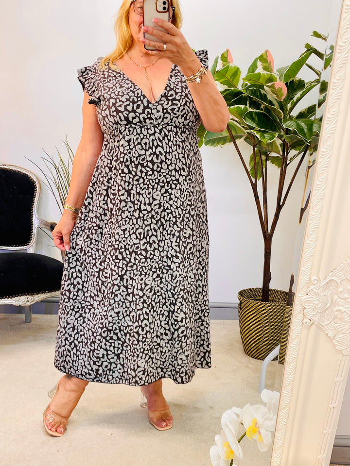 LADIES BROWN LEOPARD PRINT CHEESECLOTH MAXI SUMMER DRESS