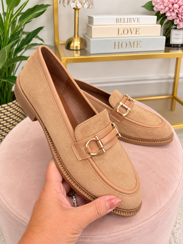 Ladies Fashion Camel Faux Suede Flat Loafer Shoes 