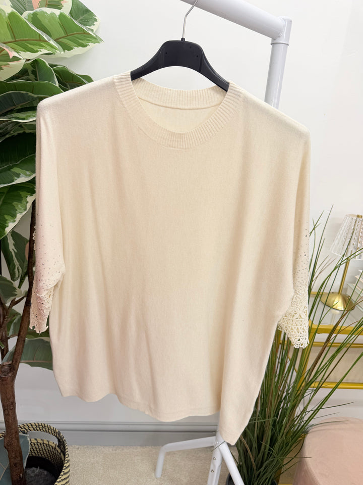 Ladies Diamante & Lace Short Sleeve Jumper - Black, Cream & Red