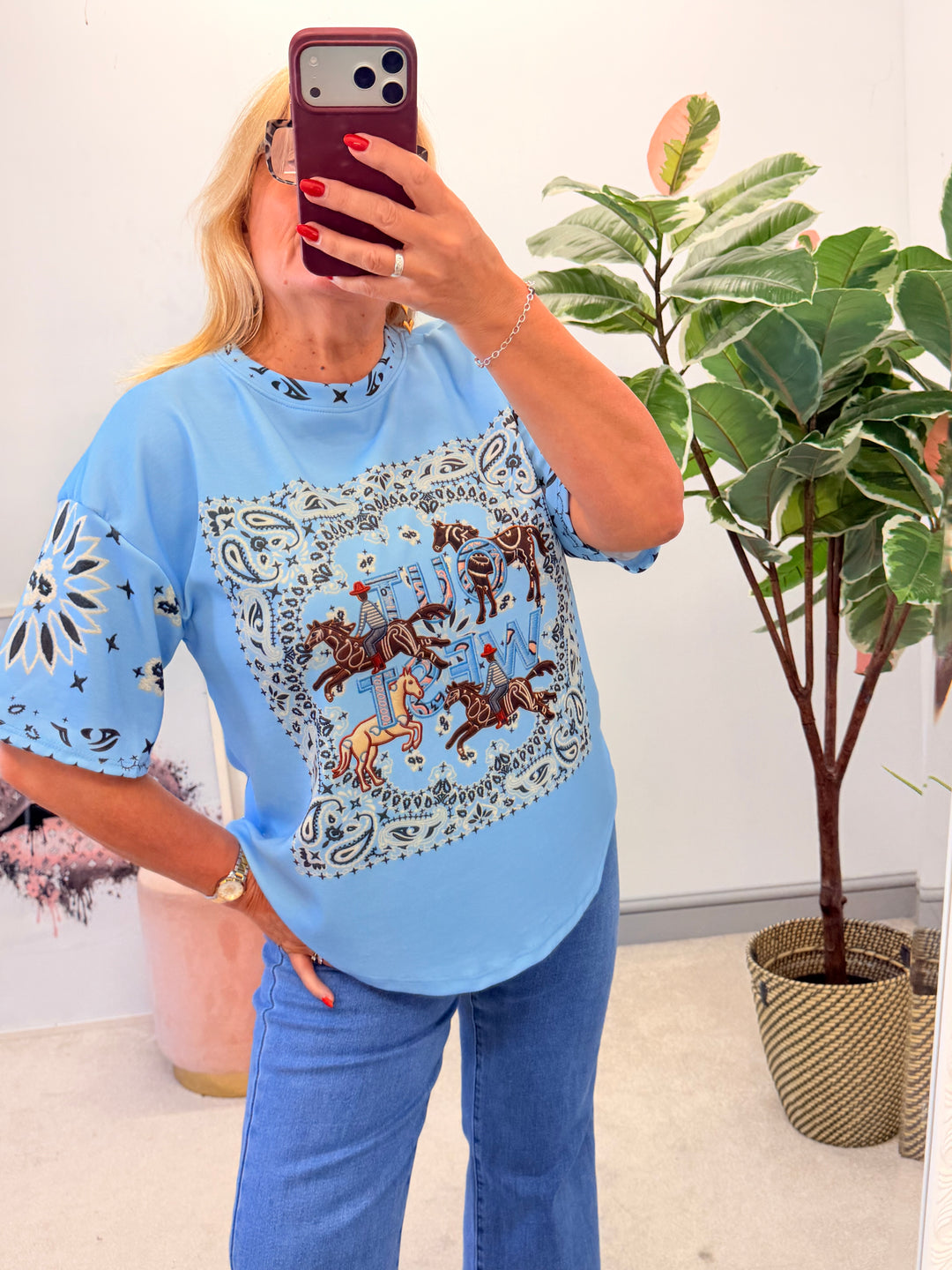 Ladies Fashion Cowboy Short Sleeve Top - Pink, White, Blue