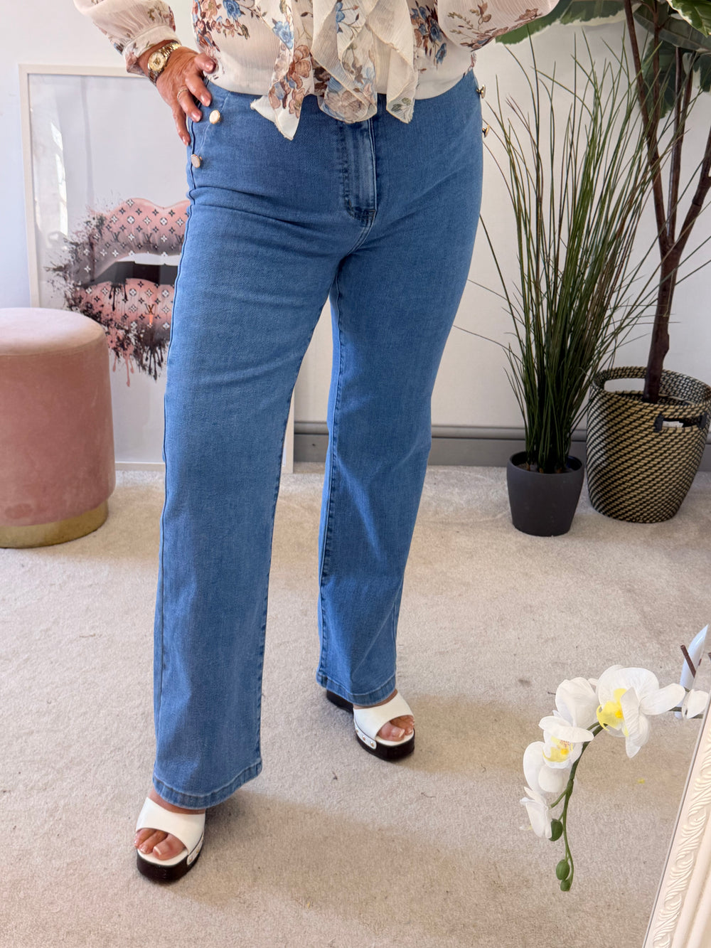 Ladies Fashion Blue Wide Leg Jeans
