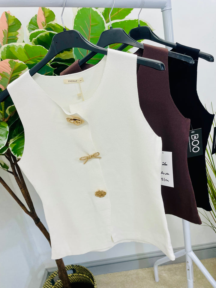 LADIES KNIT BROACH WAISTCOAT - WHITE, BROWN & BLACK