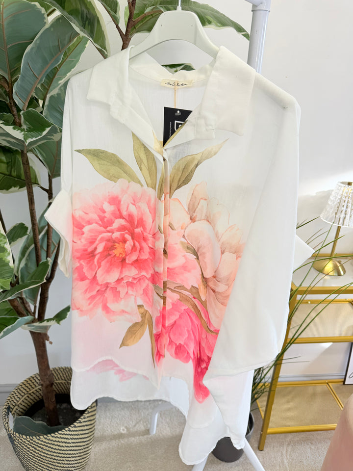 Ladies Cream Linen Rose Print Overize Summer Shirt Top