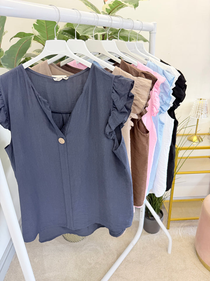 Ladies Frill Sleeve Grandad Top - Blue, Pink, Brown, White, Black & Mocha