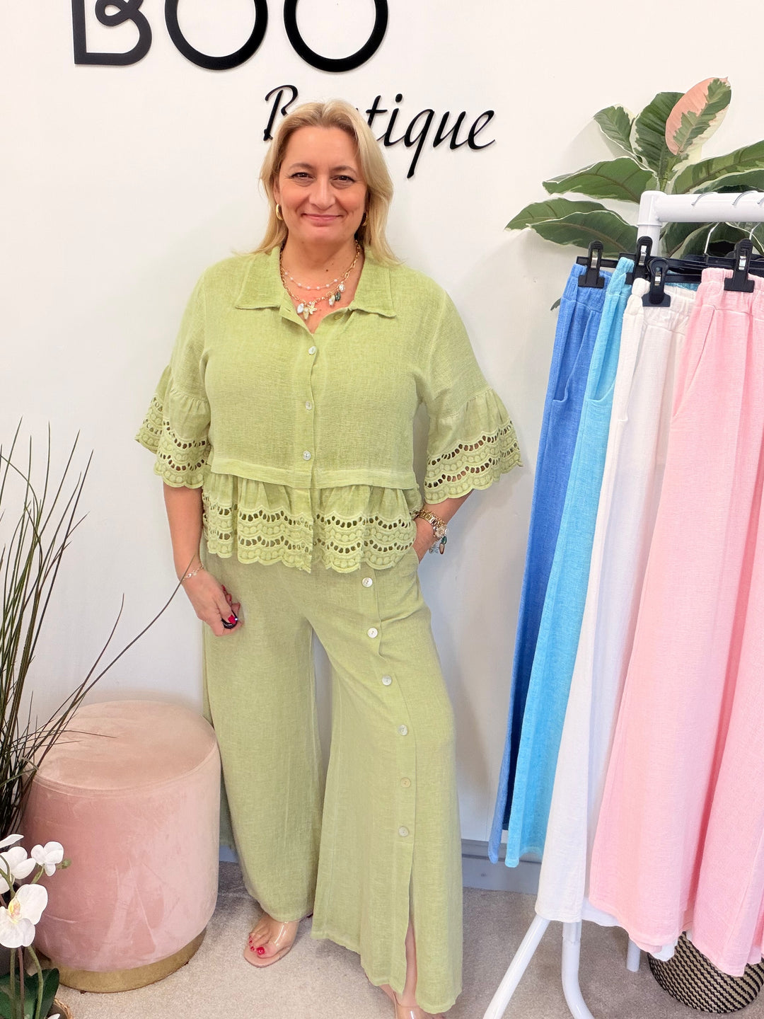 Ladies Fashion Wide Leg Palazzo Teabag Linen Trousers pistachio lime green