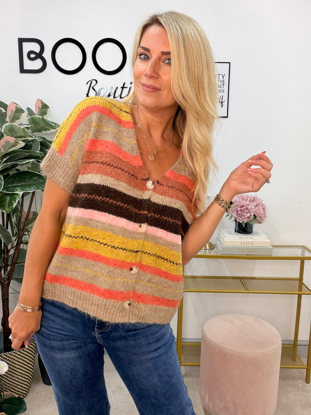 Ladies Fashion Orange/Brown Stripe Short Sleeve Cardigan
