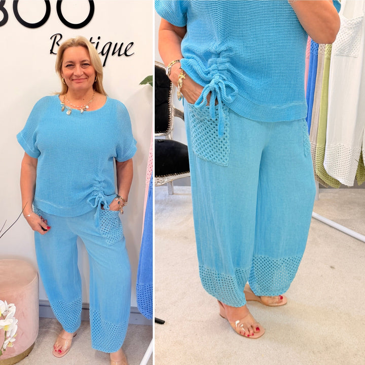 Ladies Crochet Pocket Harem Teabag Linen Trousers  turquoise