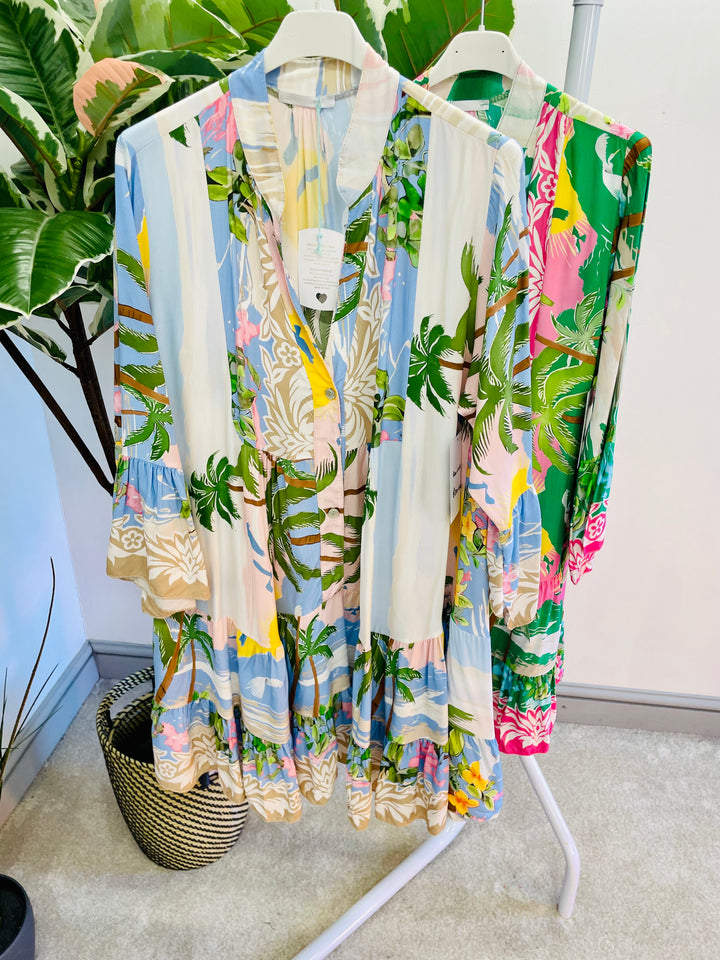 LADIES WOMENS TROPICAL PRINT SUMMER SWING SMOCK DRESS