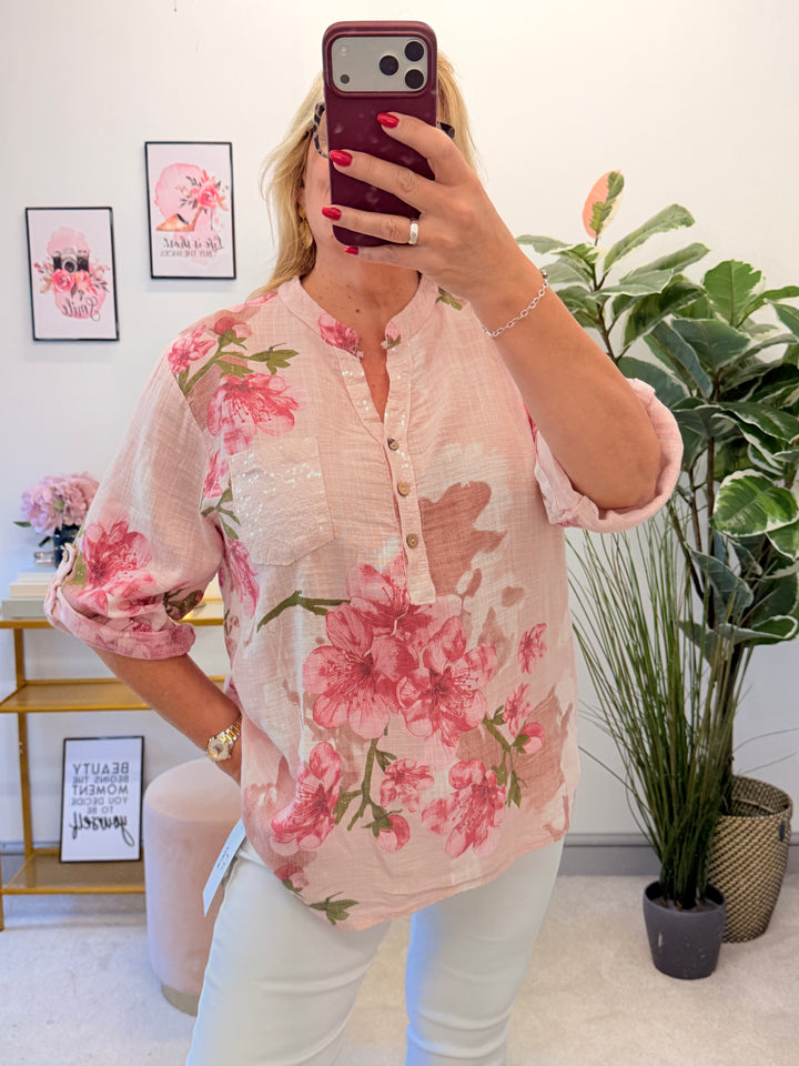 Ladies Light Linen Flower Print Grandad Top Shirt - White, Lemon, Blue & Pink