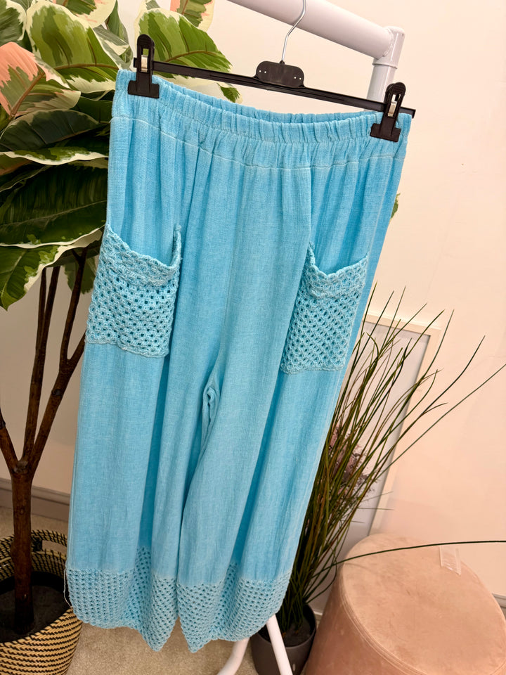 Ladies Crochet Pocket Harem Teabag Linen Trousers  turquoise