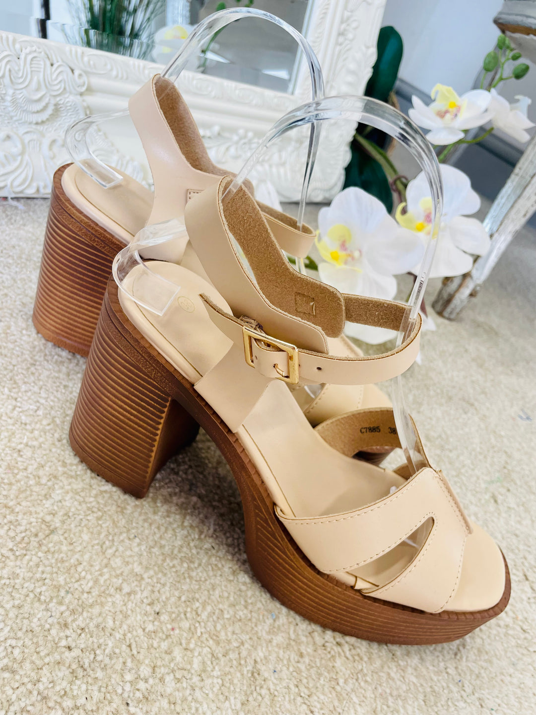 LADIES BEIGE CHUNKY HIGH HEEL SANDALS