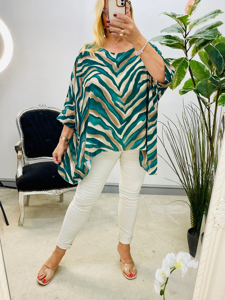 LADIES ZEBRA PRINT CHIFFON FLOATY TOP BLOUSE - GREEN, BLACK & BURGUNDY