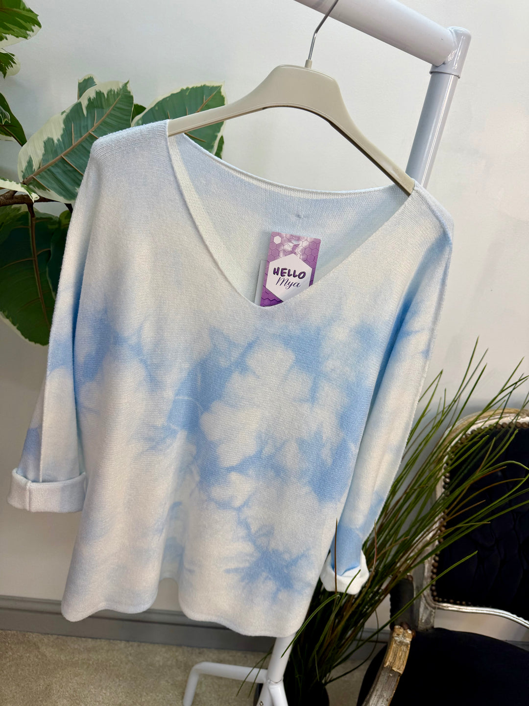 Ladies Fashion Soft Knit White Tye Dye Jumper - pink & blue