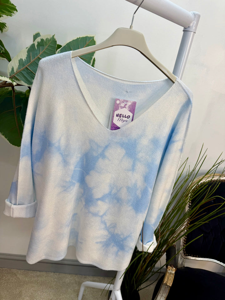 Ladies Fashion Soft Knit White Tye Dye Jumper - pink & blue