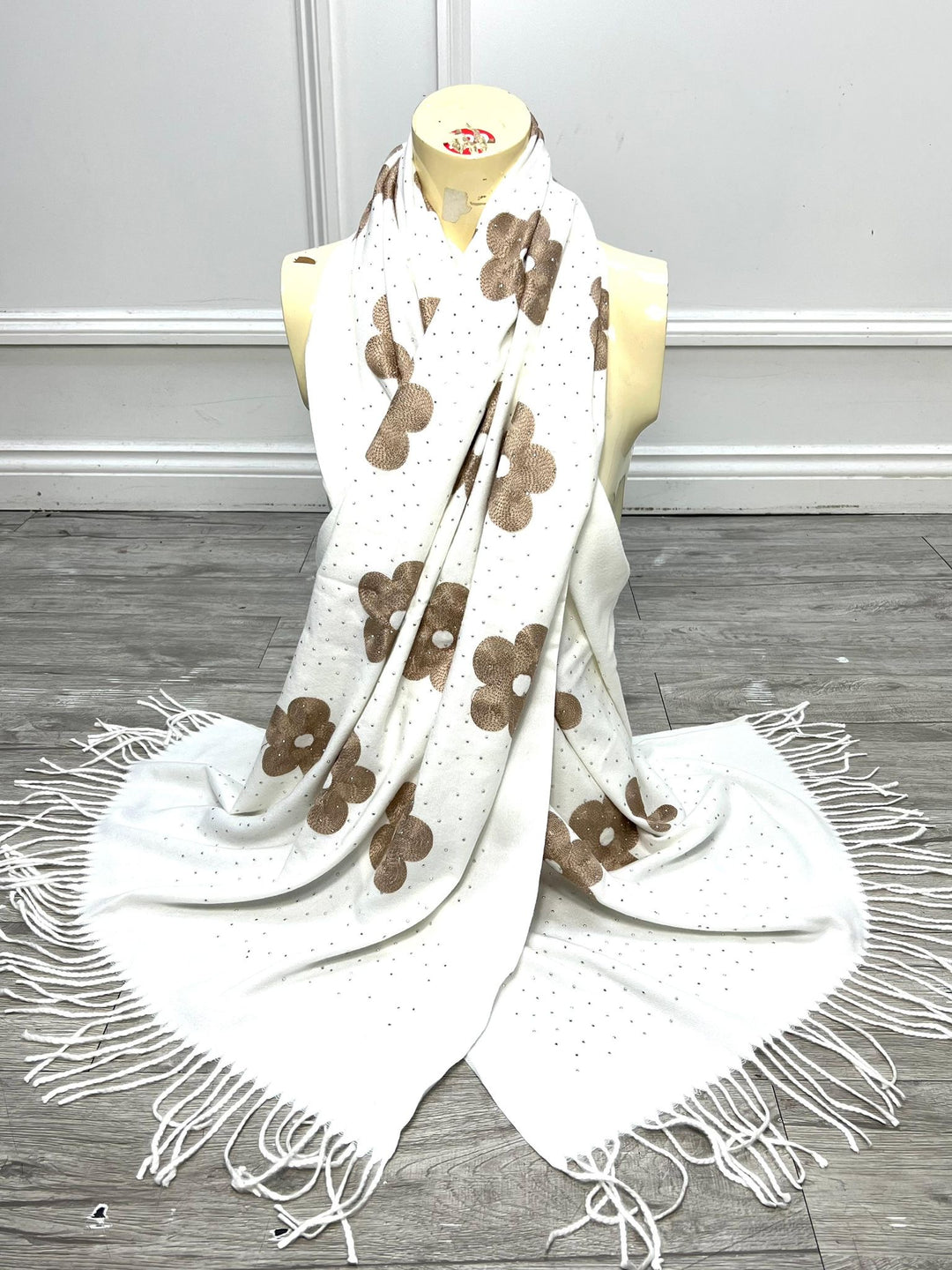 LADIES SPARKLY FLOWER SCARF - BROWN, WHITE & BEIGE