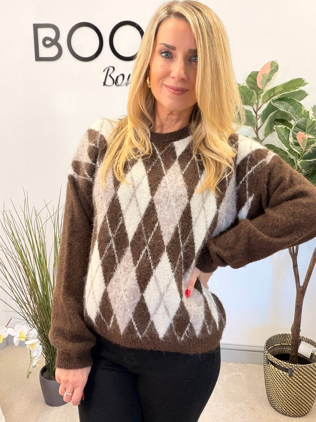 LADIES FASHION ARGYLE KNIT JUMPER - BERRY, CREAM, BROWN, 