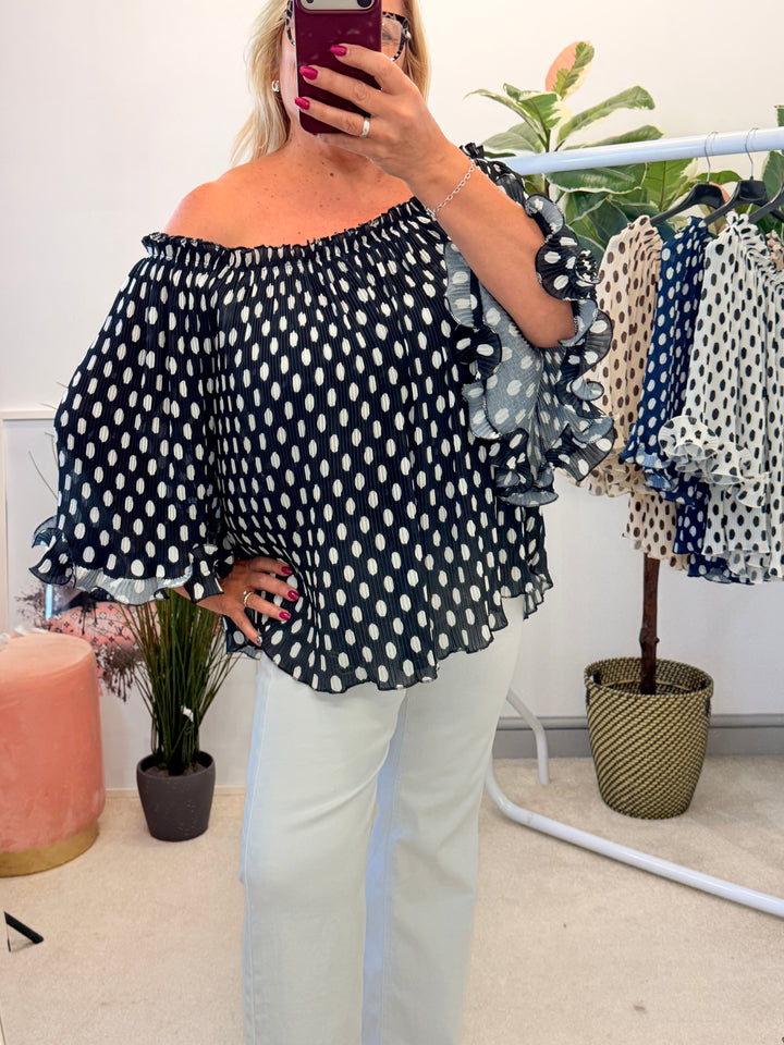 Ladies Pleated Polka Dot Bardot Top - White, Black, Navy & Beige