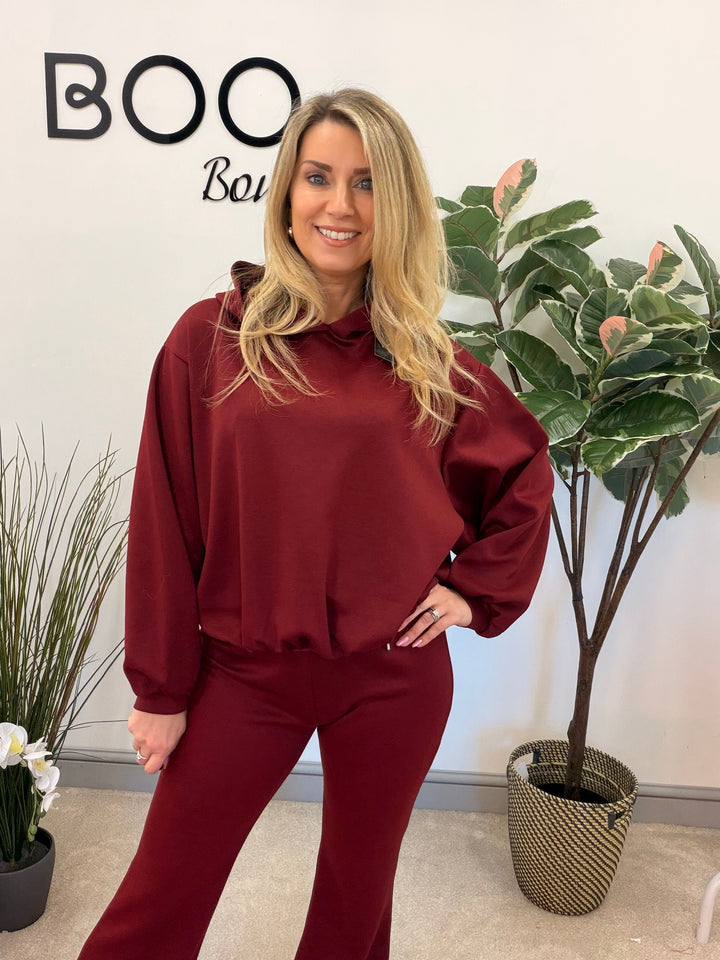 Ladies Fashion Flared Leg Tracksuit Co ord set burgundy