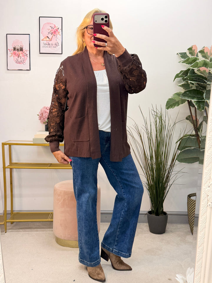 Ladies Crochet Sleeve Longline Cardigan - Black, Brown, Khaki, Wine, Beige & Grey