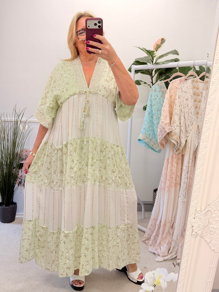 Ladies Fashion Boho Summer Maxi Dress - Pink, Cream, Mint & Blue