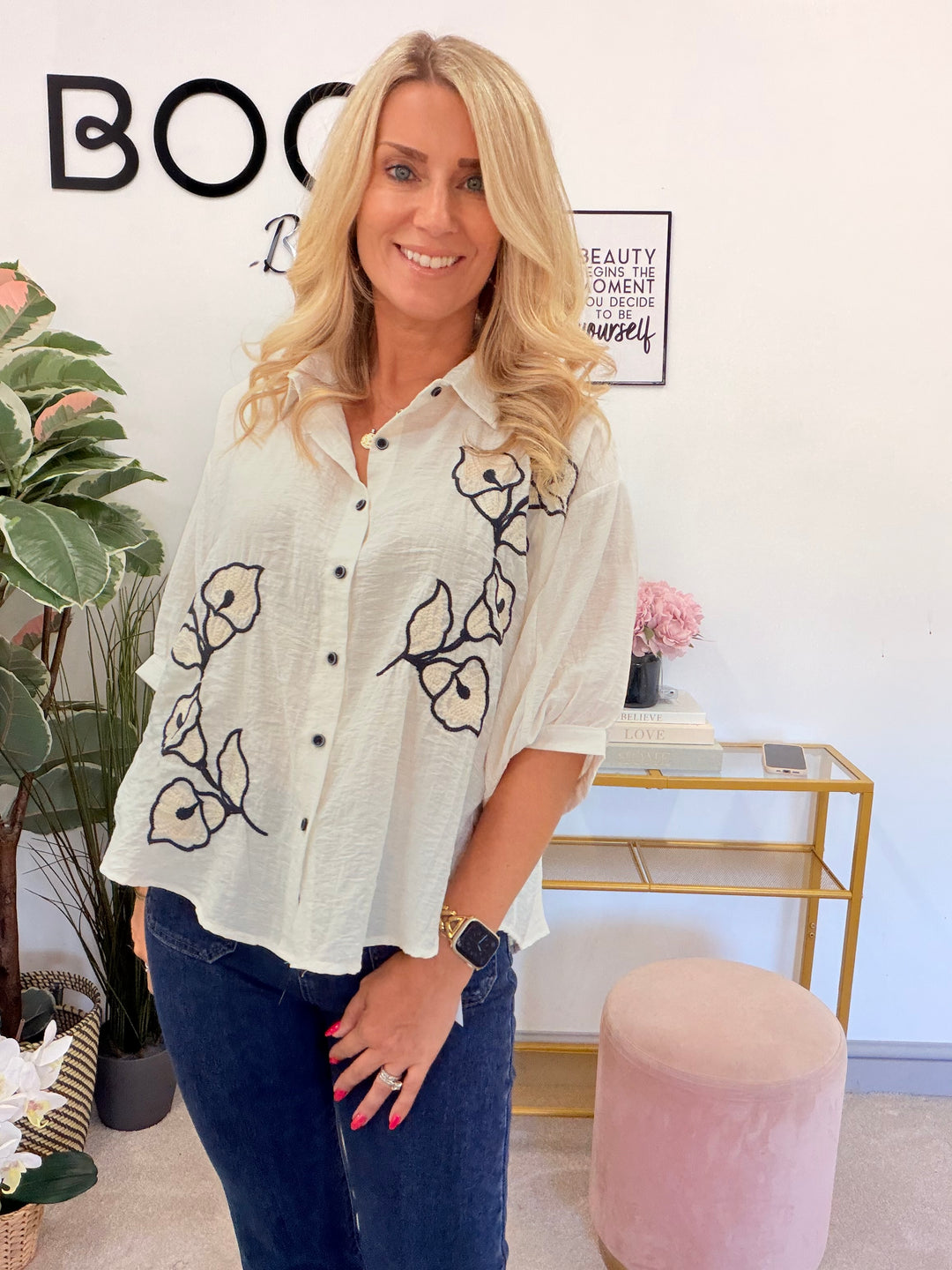 Ladies Cream & Navy Loose Fit Shirt Blouse