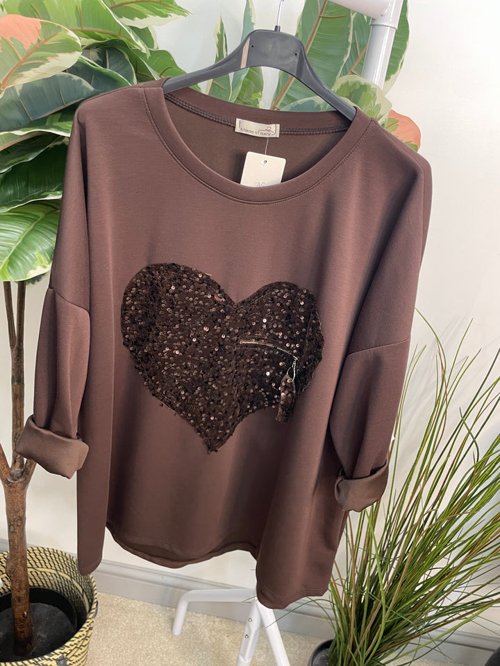 LADIES SCUBA SEQUIN HEART SWEATSHIRT TOP - BURGUNDY, BLACK, BROWN, BEIGE
