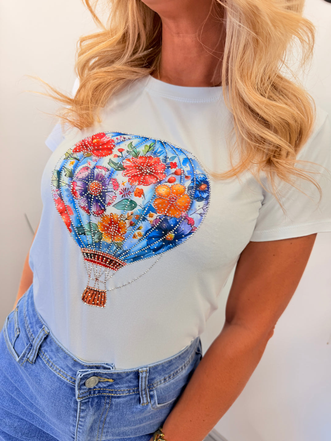 Ladies White Stretch Sparkly Balloon Tee T Shirt