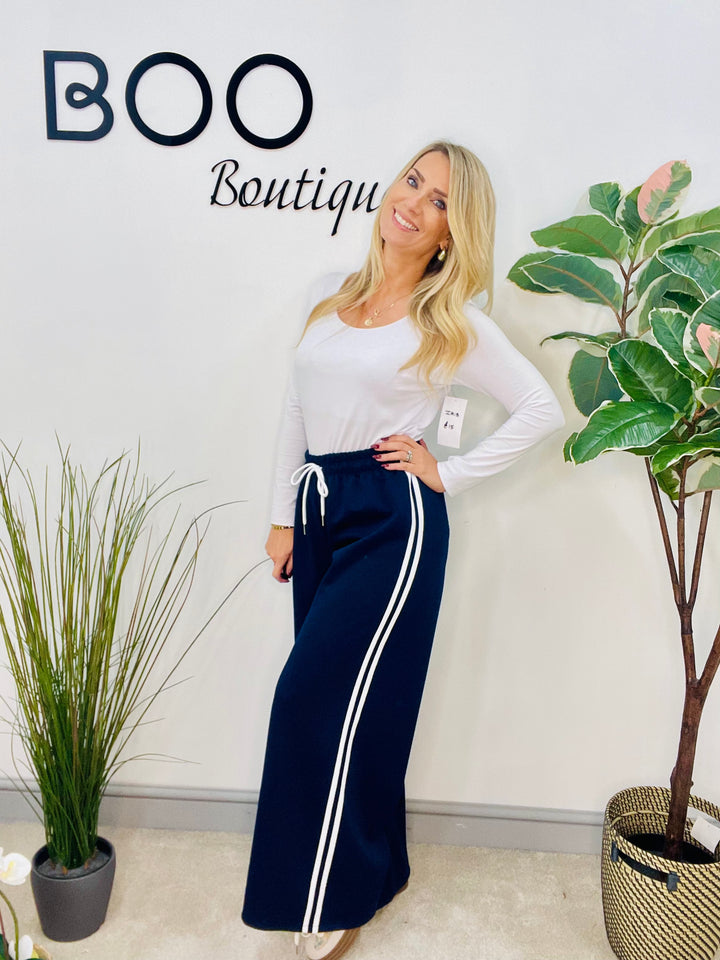 LADIES SPORTS LUXE STRAIGHT LEG JOGGER TROUSERS - NAVY, BLACK & CAMEL