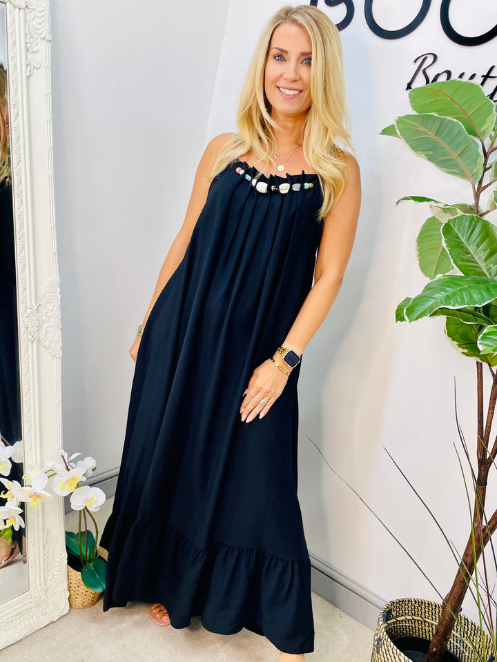 LADIES FLOATY SUMMER MAXI DRESS - BLACK, NAVY, BEIGE, KHAKI & WHITE