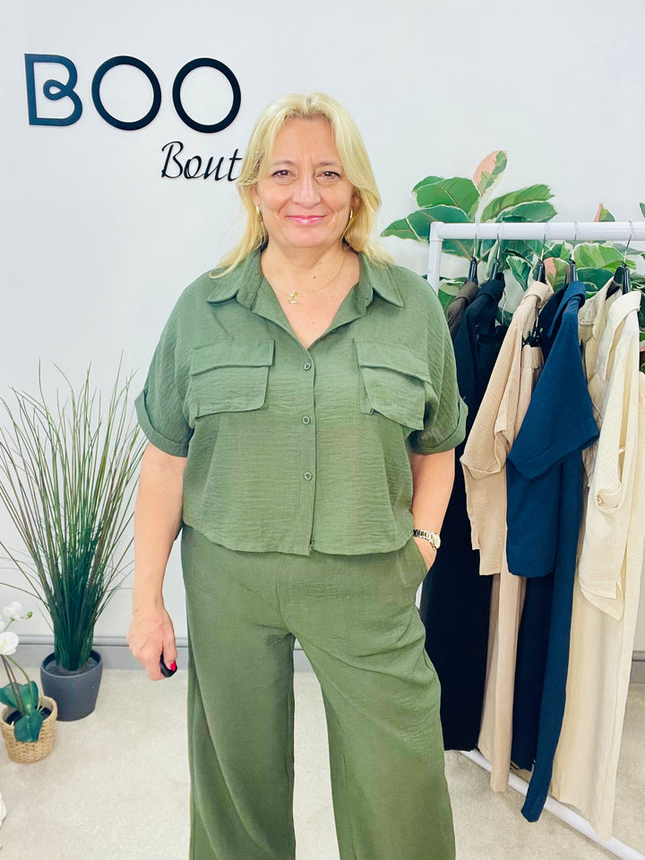 LADIES WIDE LEG TROUSER, CARGO TOP CO ORD SET - KHAKI, BLACK, BROWN, NAVY, CREAM, BEIGE