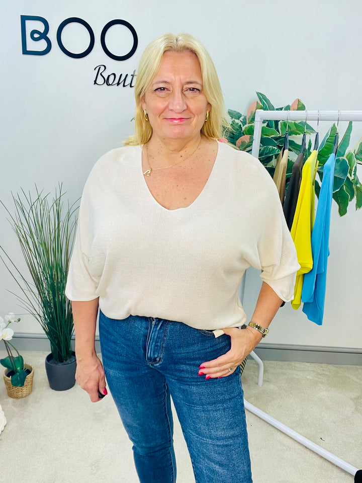 LADIES SOFT FINE KNIT V NECK TOP - YELLOW, WHITE, BROWN, TURQUOISE, CAMEL